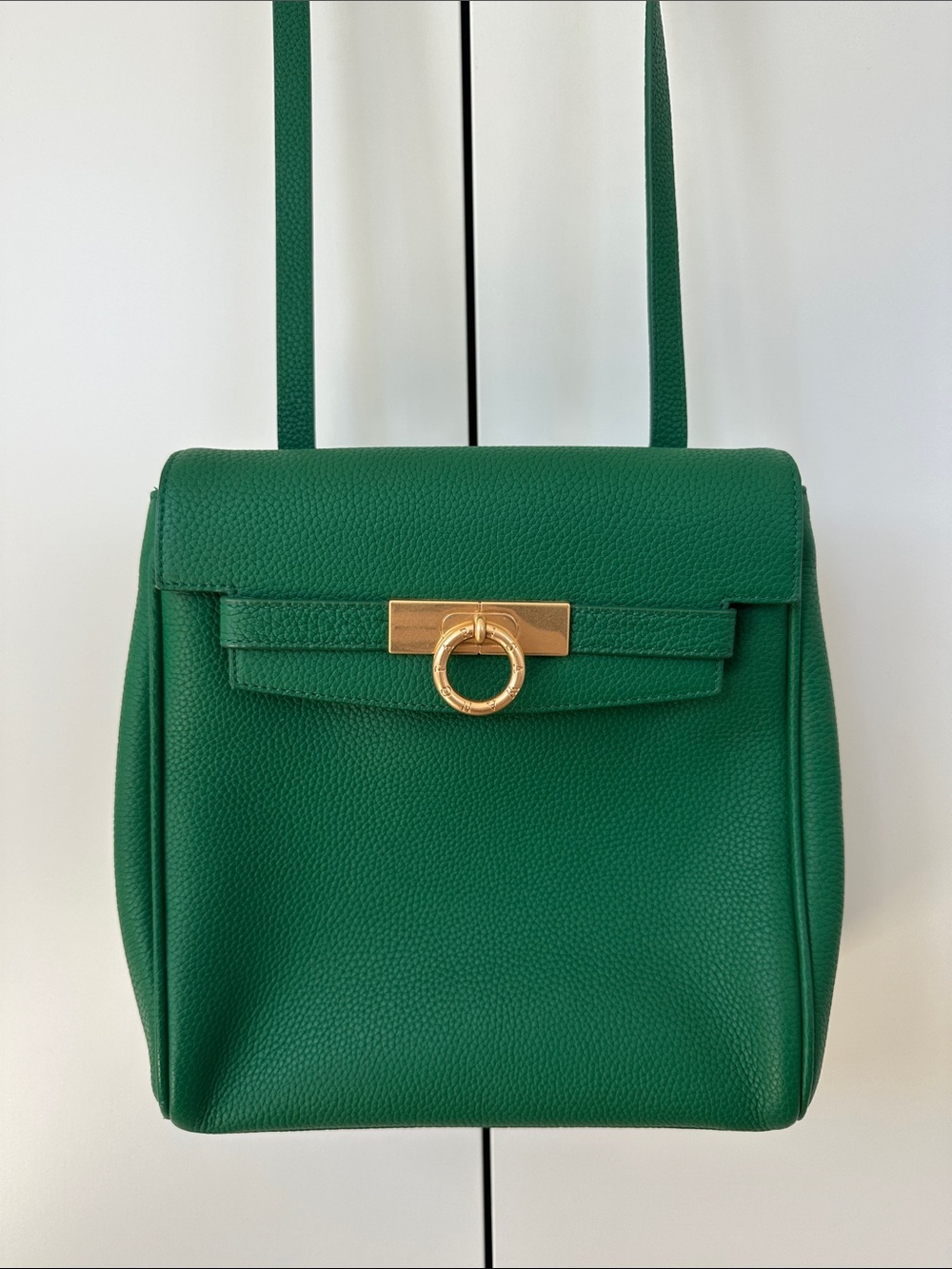 Green Leather Crossbody Bag to Backpack Convertible Bag with Gold Ring Hardware